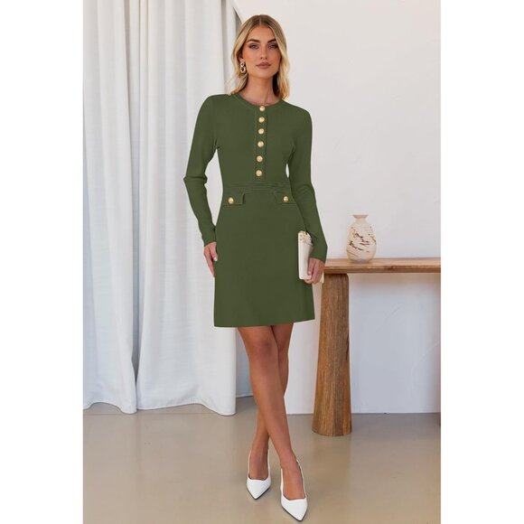 Fall 25 Long Sleeve Bodycon Army Green Sweater Dress Women Winter Formal Mini - Picture 2 of 6